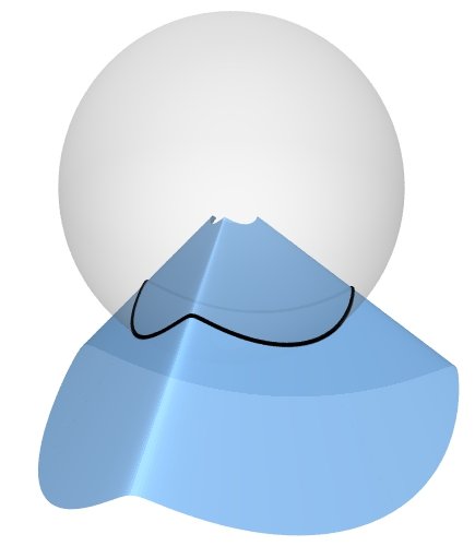 light grey sphere with blue shape in front